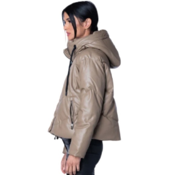 Daniela Cortez Eco Leather Puffer Jacket with Hood in Cognac - Picture 3 of 14